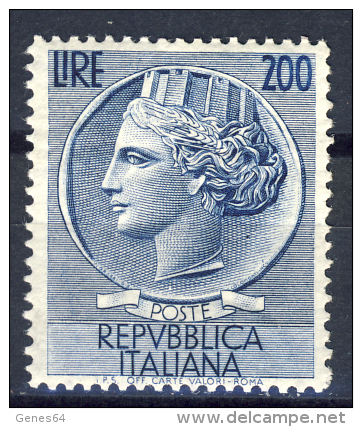 Siracusana "Italia Turrita" Grande - 1954 - 200 Lire Azzurro (Sassone 748MG) LUSSO MNH** - 1946-60: Neufs