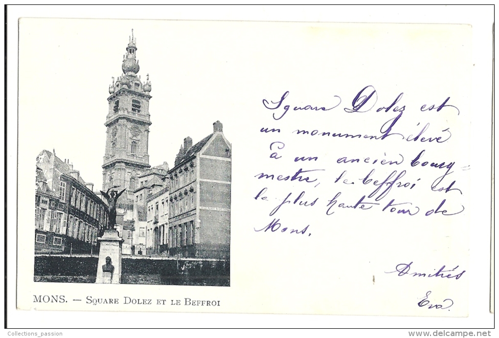 Cp, Belgique, Mons, Square Dolez Et Le Beffroi, écrite - Mons