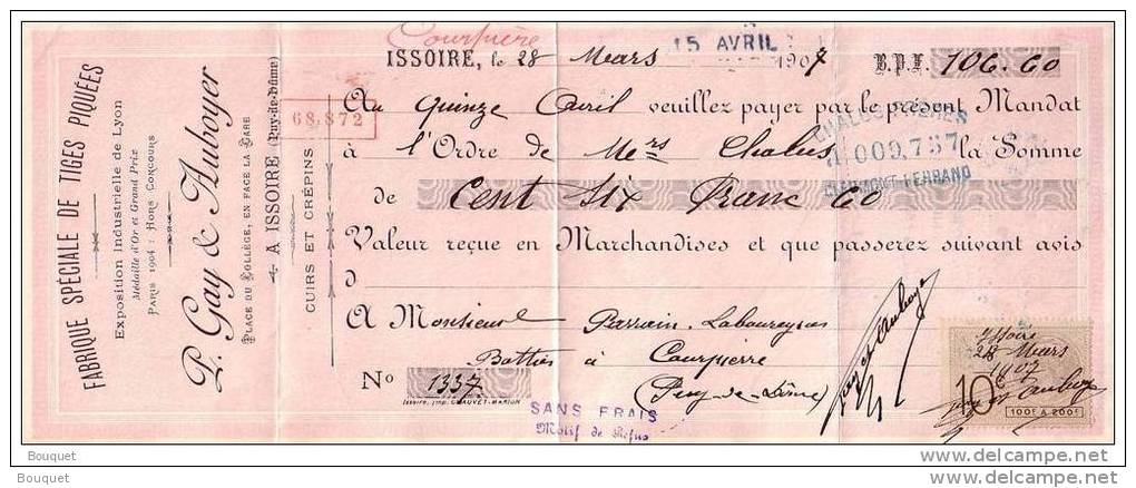 PUY DE DOME - ISSOIRE - FABRIQUE SPECIALE TIGES PIQUEES - PEAUSSERIE - PIERRE GAY &  AUBOYER - MANDAT + ENVELOPPE - 1907 - Lettres De Change