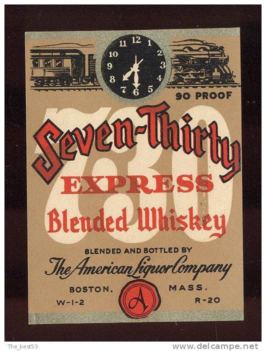 Etiquette De  Whisky   -  Seven Thirty 7.30 Express  -  Boston USA      (Thème Train Horloge Heure) - Whisky