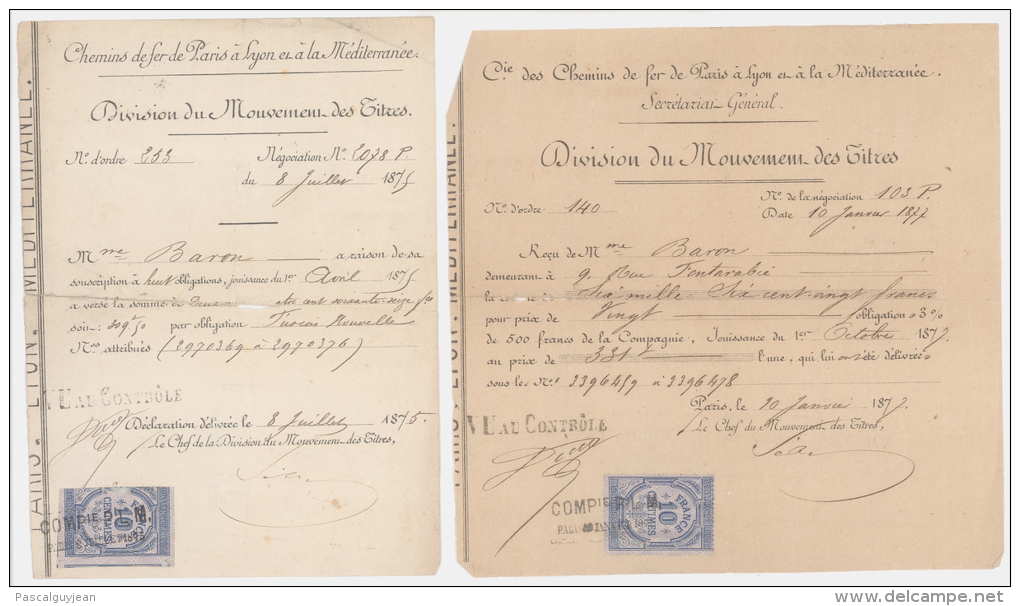2 TITRES CIE DES CHEMINS DE FER PARIS LYON MEDITERRANEE - 1875 ET 1877 - Chemin De Fer & Tramway
