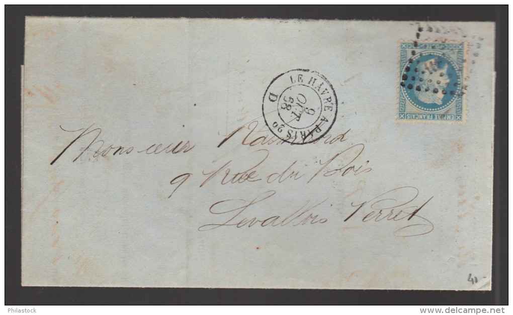 FRANCE 1868 N° 29 Obl. S/Lettre Entiére Ambulant Le Havre/Paris - 1863-1870 Napoléon III Lauré