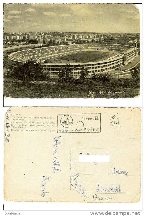 Roma: Stadio Dei Centomila (Olimpico). Cartolina B/n/ocra Viag. 1957 (targhetta Il Nuovo Filo Ortalion Dal Lago D'Orta) - Stades & Structures Sportives