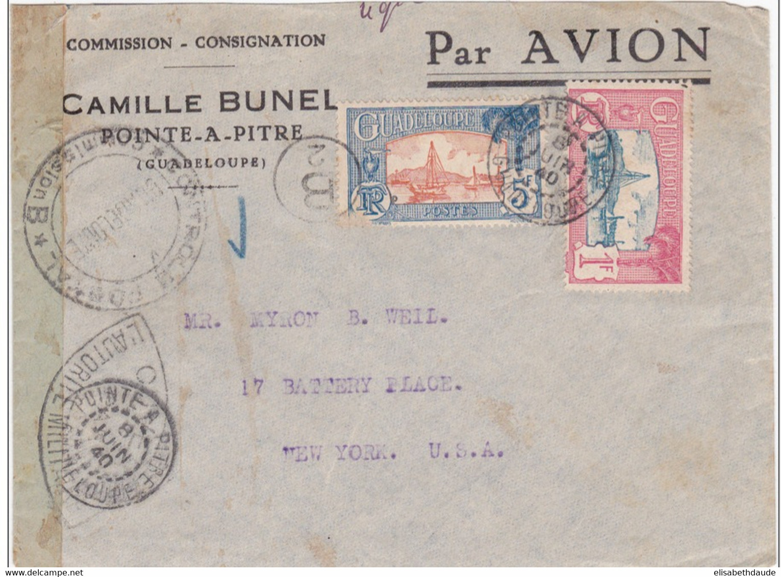 GUADELOUPE - 1940 - ENVELOPPE Avec CENSURE "COMMISSION B"  SUR LE TIMBRE De POINTE à PITRE Pour NEW YORK - Lettres & Documents