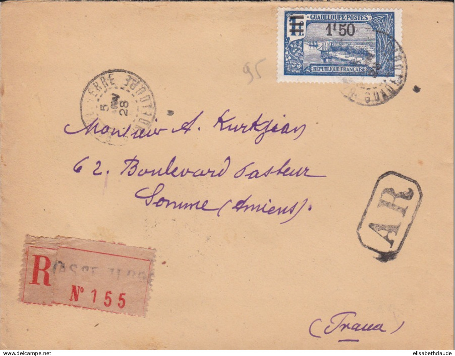 GUADELOUPE - 1928 - SEUL Sur LETTRE RECOMMANDEE Avec AR De BASSE TERRE Pour AMIENS (SOMME) - Covers & Documents