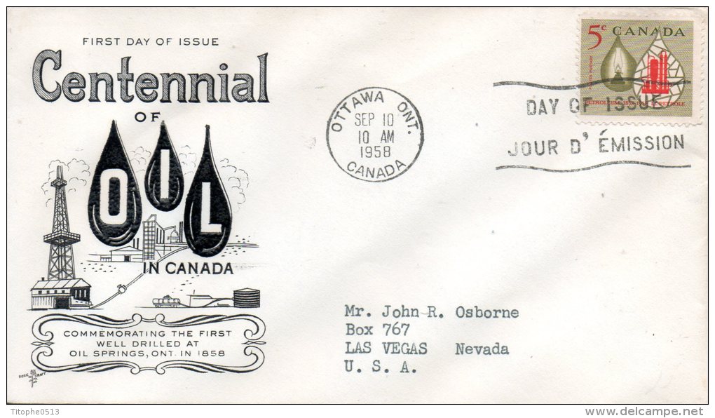 CANADA. N°308 Sur Enveloppe 1er Jour (FDC) De 1958. Industrie Pétrolière. - Aardolie