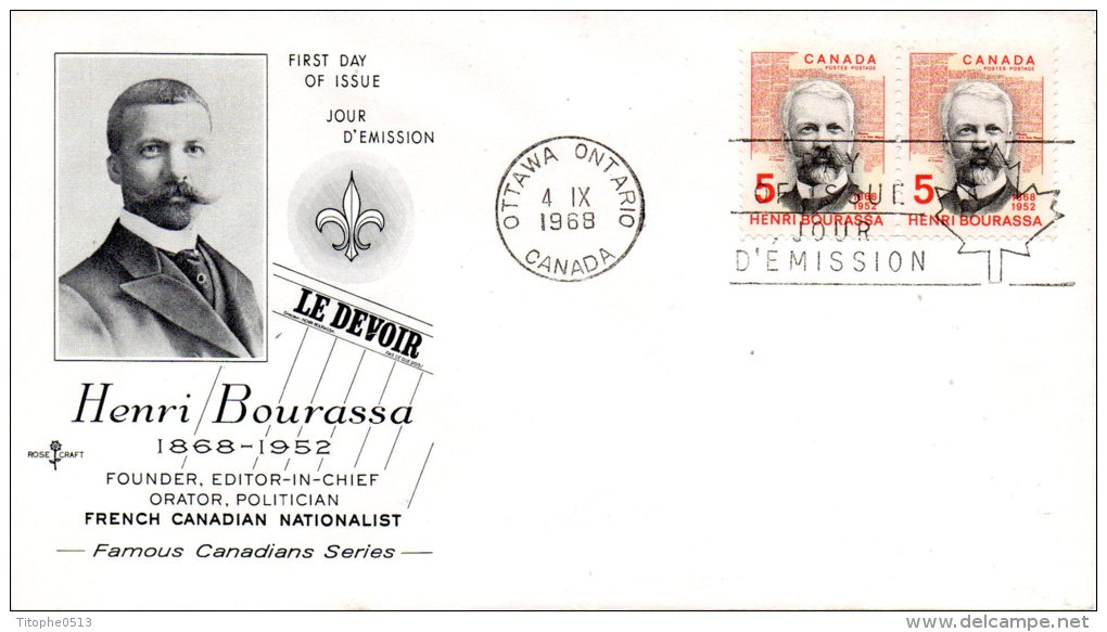 CANADA. N°406 X2 Sur Enveloppe 1er Jour (FDC) De 1968. Journaliste. - 1961-1970