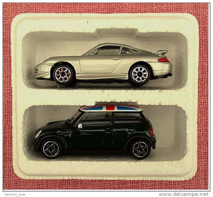 2 Bburago Modellautos  -  Mini Cooper + Porsche Carrera 911 -  Größe 1:43 - Burago