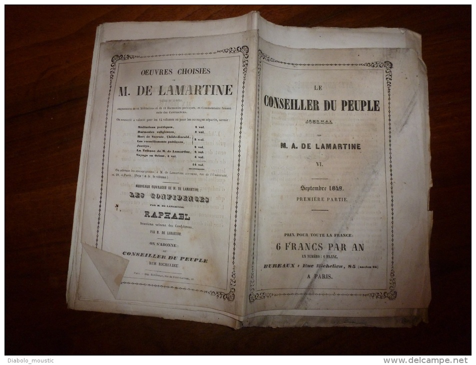 Septembre 1849 LE CONSEILLER DU PEUPLE Par LAMARTINE..rare Journal D'origine Tel Qu'i Avait été Distribué (non Retaillé) - 1800 - 1849