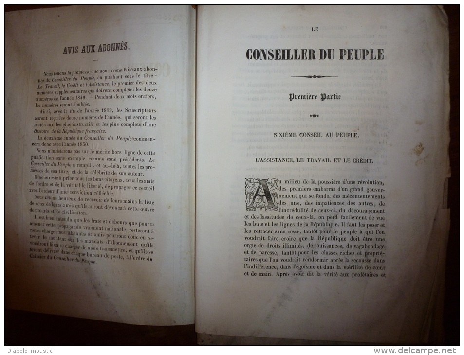 Septembre 1849 LE CONSEILLER DU PEUPLE Par LAMARTINE..rare Journal D'origine Tel Qu'i Avait été Distribué (non Retaillé) - 1800 - 1849