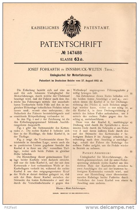 Original Patentschrift - J. Forkarth In Innsbruck - Wilten , 1902 , Kurbel Für Motorfahrzeuge , Automobile !!! - KFZ