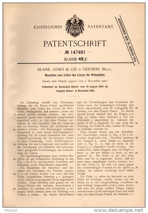 Original Patentschrift - Blaise , Gohy & Cie In Verviers , 1902 , Maschine Für Webstuhl , Weberei , Weben !!! - Machines