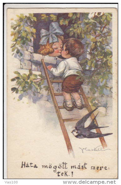 CPA CASTELLI- CHILDREN, HUMOUR, KISS, SWALLOW - Castelli