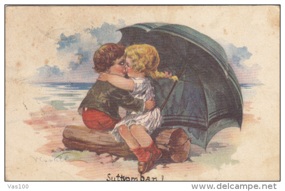 CPA CASTELLI- CHILDREN, HUMOUR, KISS, UMBRELLA - Castelli