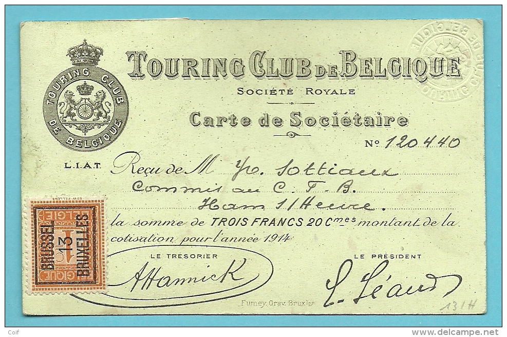 108 Met Preo BRUXELLES 13 Op Lidkaart TOURING CLUB DE BELGIQUE 1914 (Rare / Lidkaart Als Drukwerk Verzonden) !!!! - Typos 1912-14 (Löwe)