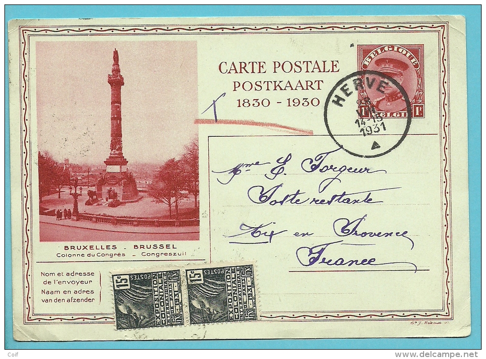 Kaart Met Stempel HERVE Op 28/08/1931 Naar "Poste Restante" Aix-en-Provence (France) , Twee Zegels Van 15c Aangebracht ! - Illustrated Postcards (1971-2014) [BK]