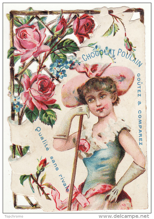 CHROMO Découpis Chocolat Poulain Femme Chapeau Fleurs Roses - Poulain