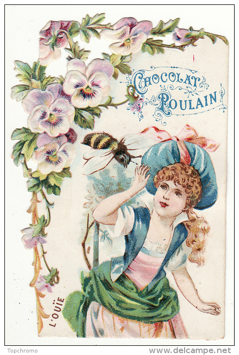 CHROMO Découpis Chocolat Poulain L'ouïe Enfant Fille Fillette Fleurs Pensées Insecte Guêpe - Poulain