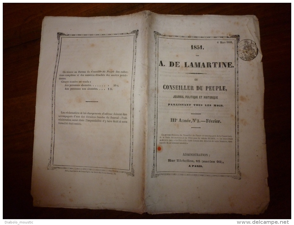 N° 2 De Février 1851 LE CONSEILLER DU PEUPLE Par LAMARTINE..rare Journal D'origine Tel Que Distribué (non Retaillé) - 1800 - 1849