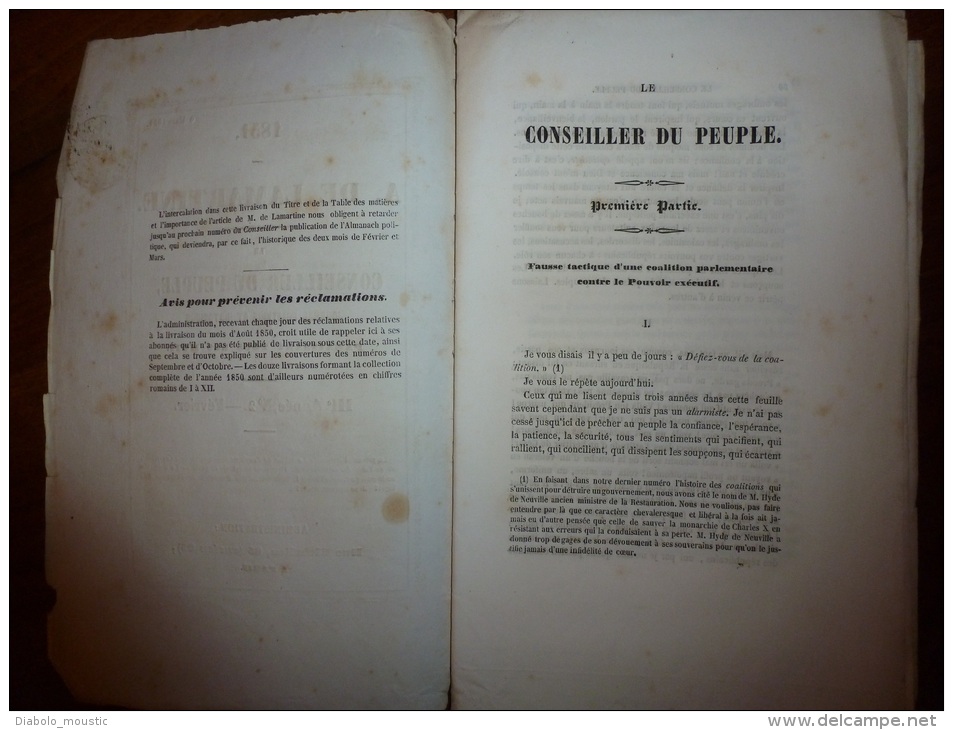 N° 2 De Février 1851 LE CONSEILLER DU PEUPLE Par LAMARTINE..rare Journal D'origine Tel Que Distribué (non Retaillé) - 1800 - 1849