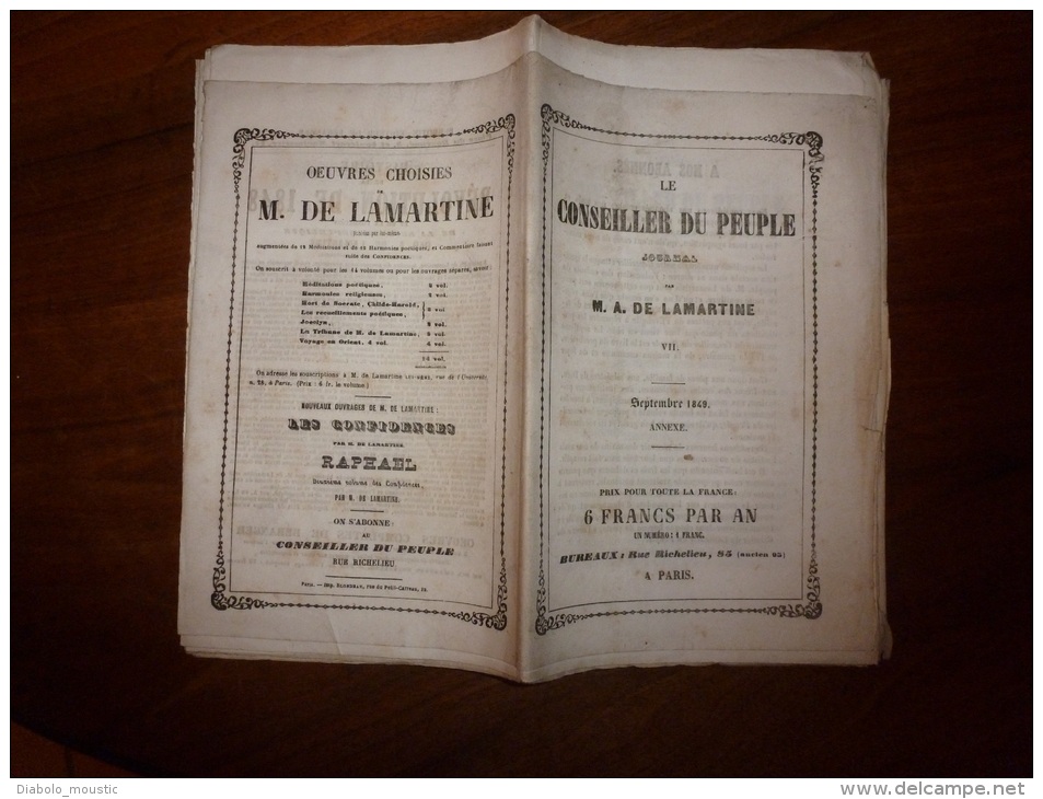 Sept. 1849 Annexe LE CONSEILLER DU PEUPLE Par LAMARTINE..rare Journal D'origine Tel Que Distribué (non Retaillé) - 1800 - 1849
