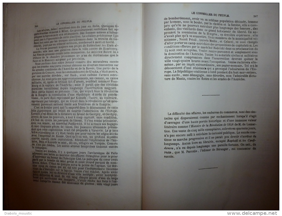 Sept. 1849 Annexe LE CONSEILLER DU PEUPLE Par LAMARTINE..rare Journal D'origine Tel Que Distribué (non Retaillé) - 1800 - 1849