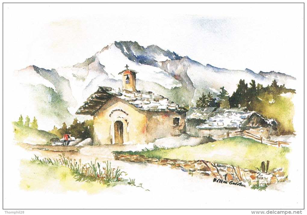 Aquarelle D´Hélène GODILLON - Paysage : église Et Chalets De Montagne - Circulée, 2 Scans - Paintings