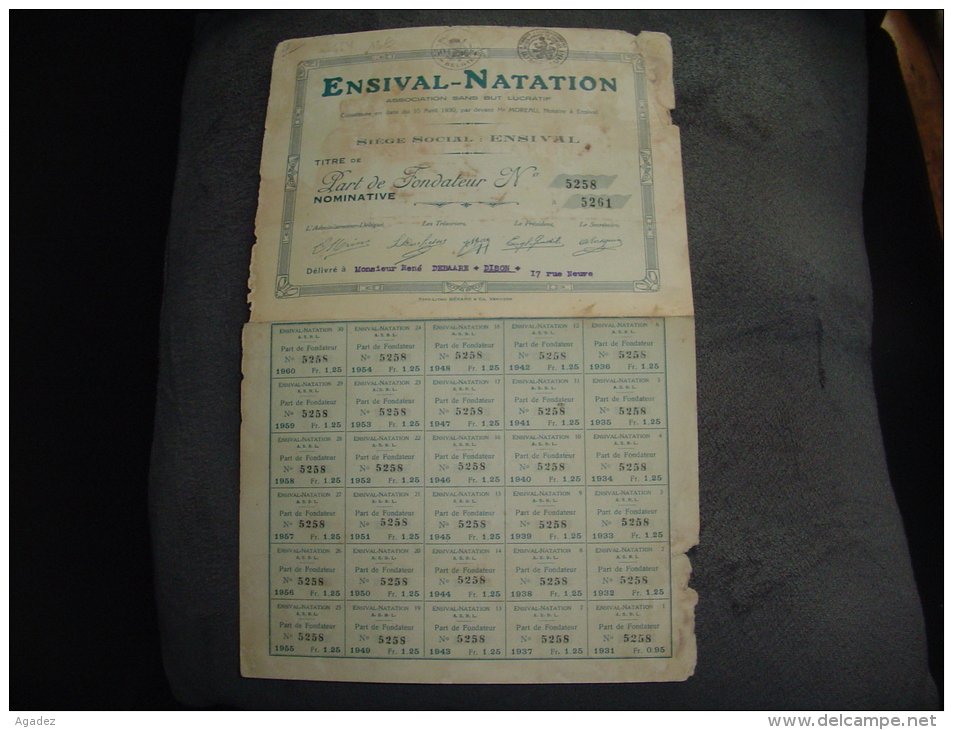 Part Fondateur " Ensival Natation " (region Verviers)1930 - Verviers