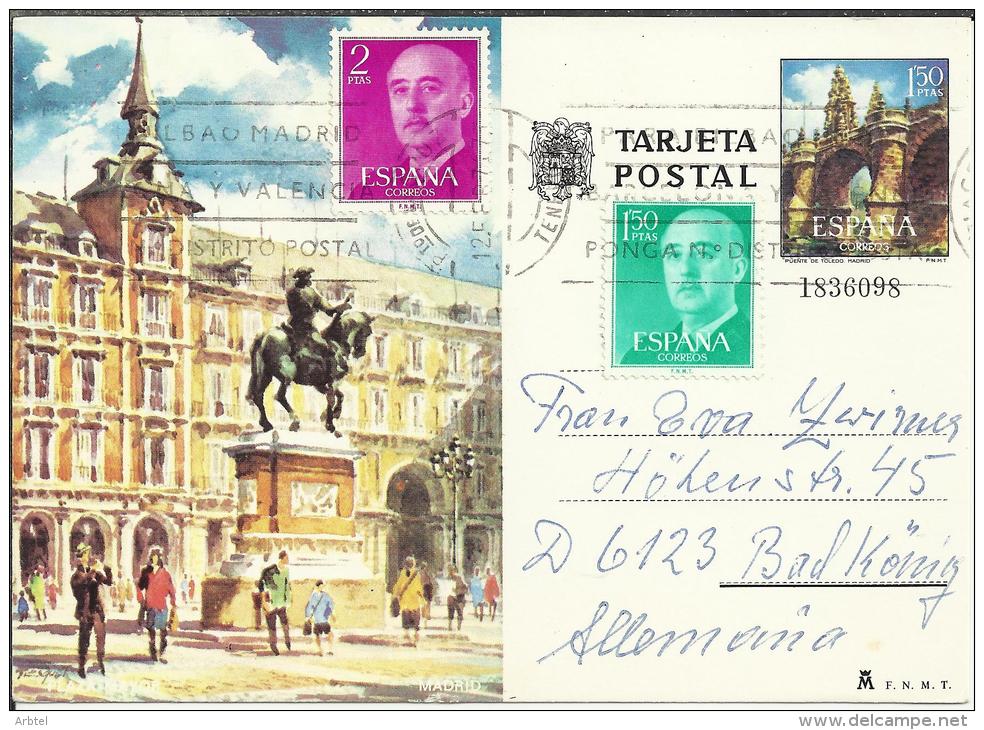 ENTERO POSTAL PLAZA MAYOR MADRID CIRCULADO MAT PUERTO DE LA CRUZ CON FRANQUEO ADICIONAL - 1931-....