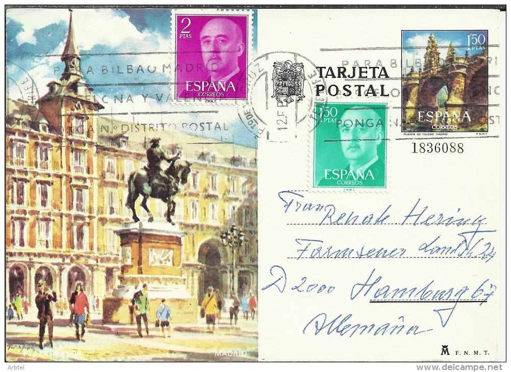 ENTERO POSTAL PLAZA MAYOR MADRID CIRCULADO MAT PUERTO DE LA CRUZ CON FRANQUEO ADICIONAL - 1931-....