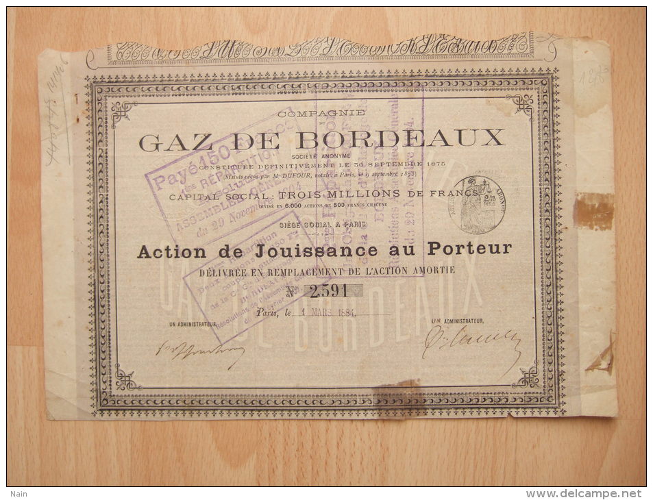BORDEAUX - GAZ DE BORDEAUX - ACTION DE JOUISSANCE AU PORTEUR - 1884 - - Chemin De Fer & Tramway