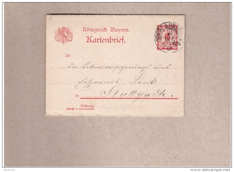 Bayern Kartenbrief K1 Vom 31.12.1897 Von Oberlauingen Nach Stuttgart - Other & Unclassified