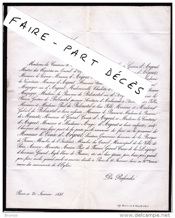 Faire-part Décès M. Le Comte D'ARGOUT (sénateur, Membre De L'Institut, Ancien Pair De France, Etc.), Paris, 1858 - Obituary Notices