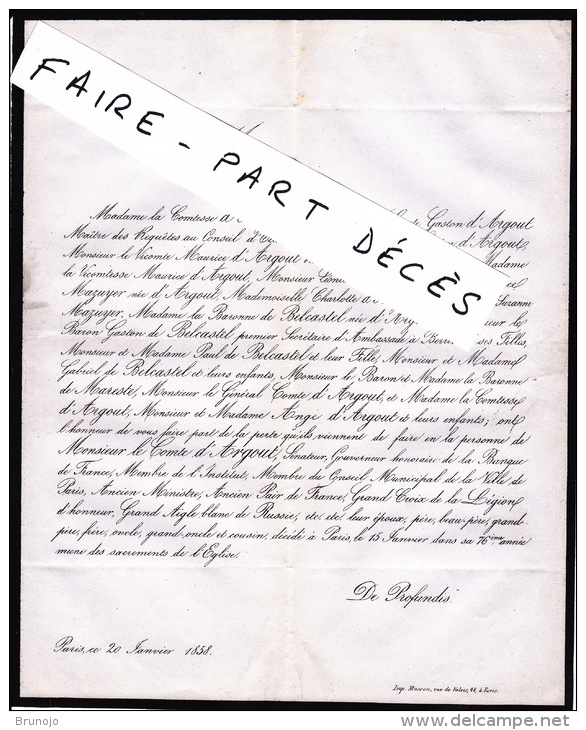 Faire-part Décès M. Le Comte D'ARGOUT (sénateur, Membre De L'Institut, Ancien Pair De France, Etc.), Paris, 1858 - Todesanzeige