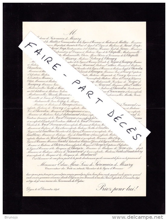 Faire-part Décès M. Edme Marie Louis DE SUREMAIN DE MISSERY, Dijon, 1896 - Obituary Notices