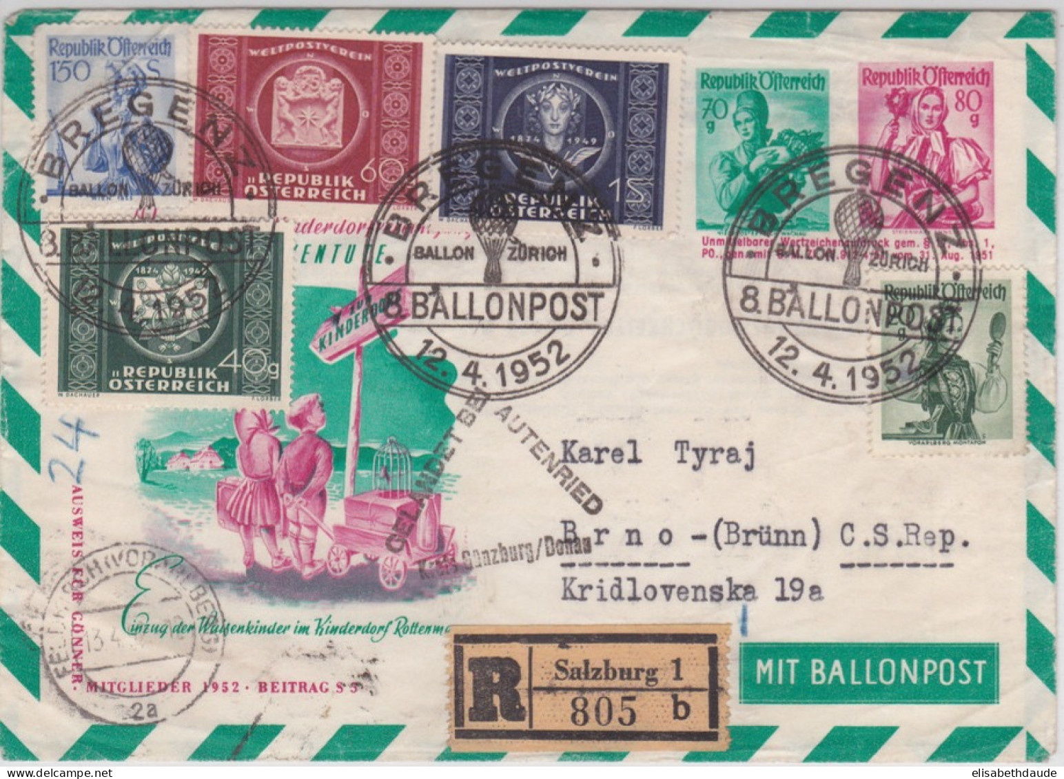 AUTRICHE - 1952 - ENVELOPPE ENTIER POSTAL RECOMMANDEE Par BALLON De BREGENZ - Ballonpost