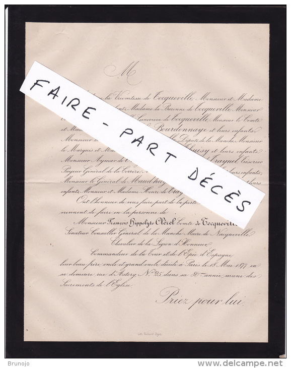 Faire-part Décès M. François Hippolyte CLEREL, Comte DE TOCQUEVILLE, Paris, 1877 - Décès