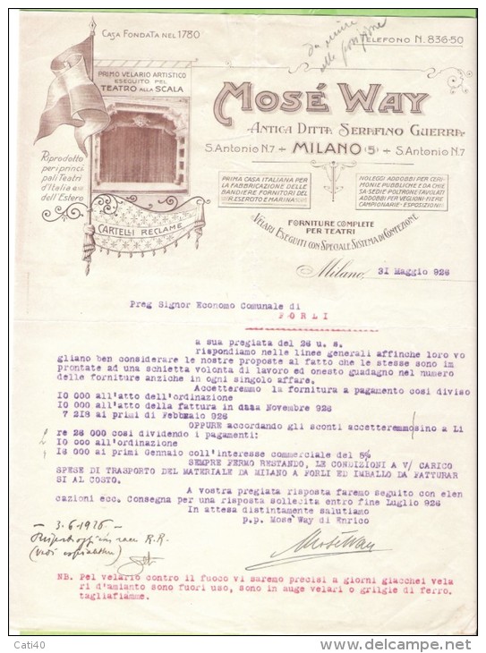 FATTURA COMMERCIALE 1926-MOSE' WAY-ANTICA DITTA SERAFINO GUERRA-FORNITURE COMPLETE PER TEATRI - Italia