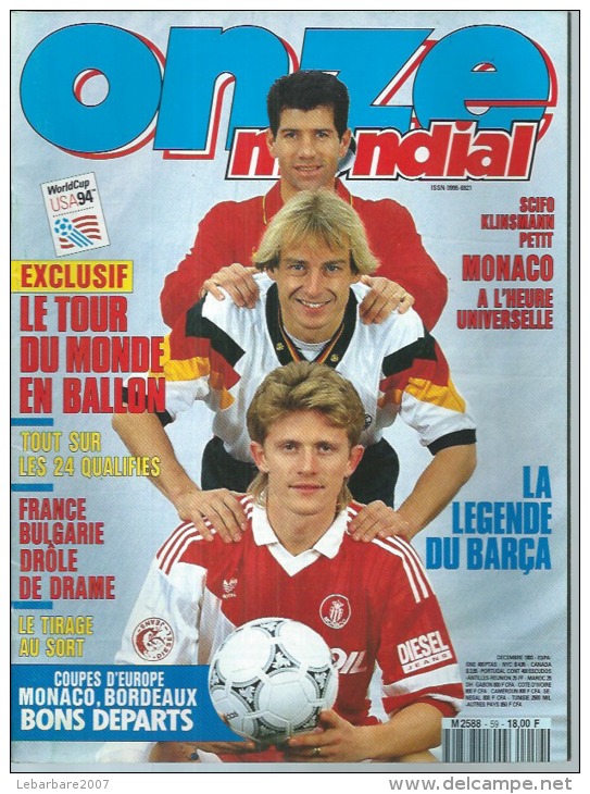 ONZE Mondial N° 59 DECEMBRE 1993 - SCIFO / KLINSMANN / PETIT - Sport