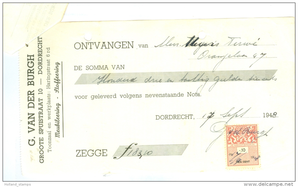 KWITANTIE FISCAAL ZEGEL * Op KWITANTIE Uit 1948 Van V/d BURG Uit DORDRECHT (7897c) - Fiscali