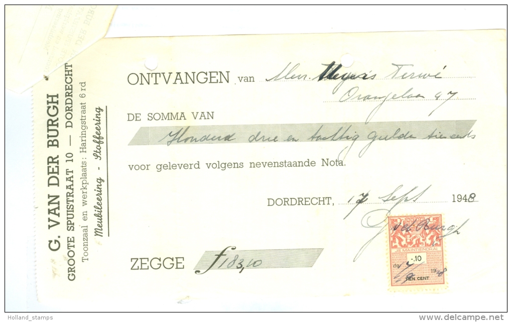 KWITANTIE FISCAAL ZEGEL * Op KWITANTIE Uit 1948 Van V/d BURG Uit DORDRECHT (7897c) - Revenue Stamps