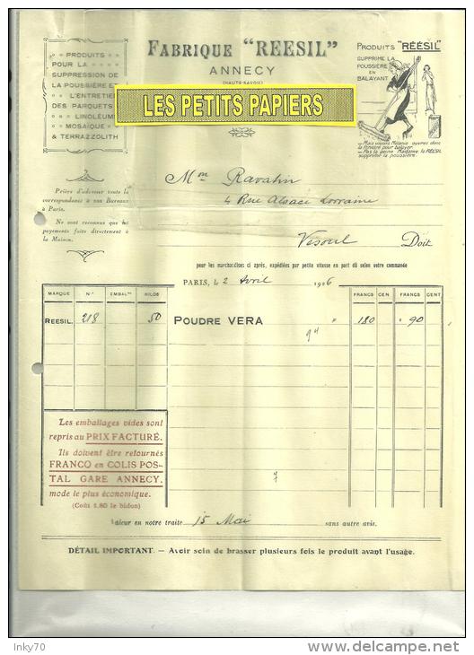 74 - Haute-savoie - ANNECY -  Facture REESIL - Fabrique Reesil - 1926 - 1900 – 1949