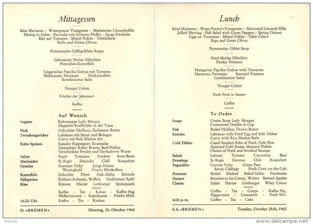 Menü-Karte, D. BREMEN, Dienstag, 25. Oktober 1960,  Mittagessen, Zustand: I-II, Minim. Altersspuren - Menükarten