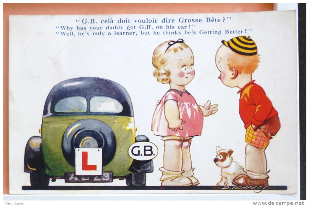 Litho Illustrateur TEMPEST Enfants Enfant Voiture Tacot  G.B. Grosse Bete Voyagé Timbre Cachet Bouillon Chez Arnould - Humorous Cards