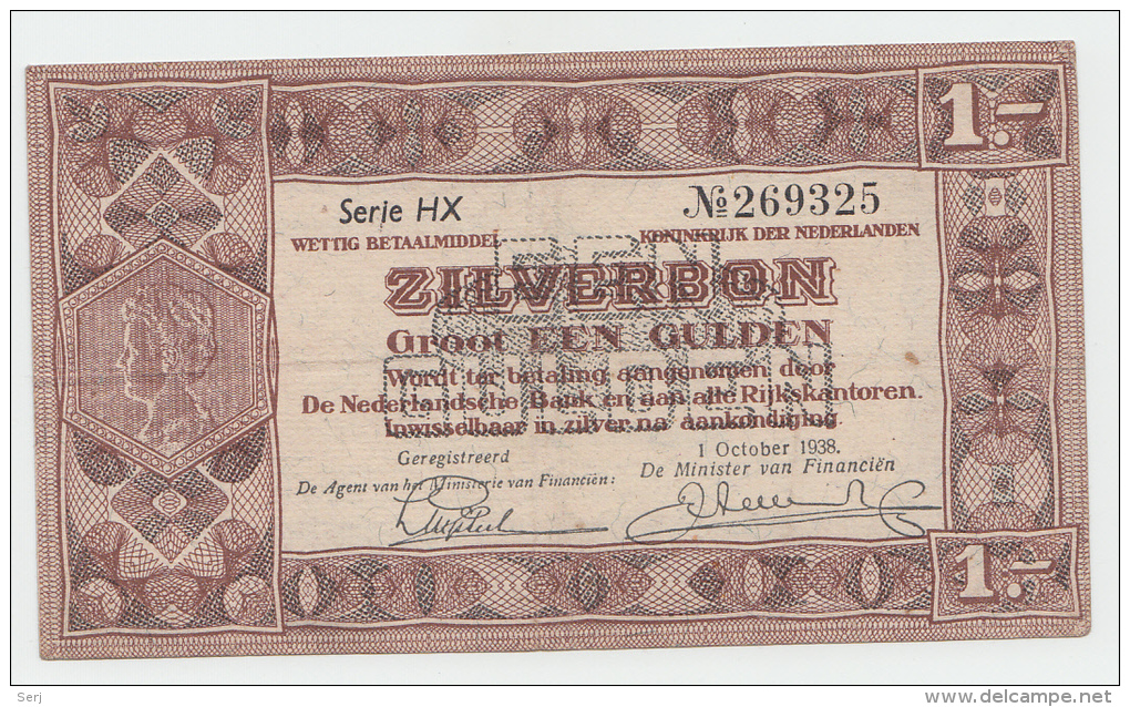 Netherlands 1 Gulden Zilverbon 1938 VF+ CRISP Banknote - 1 Gulde