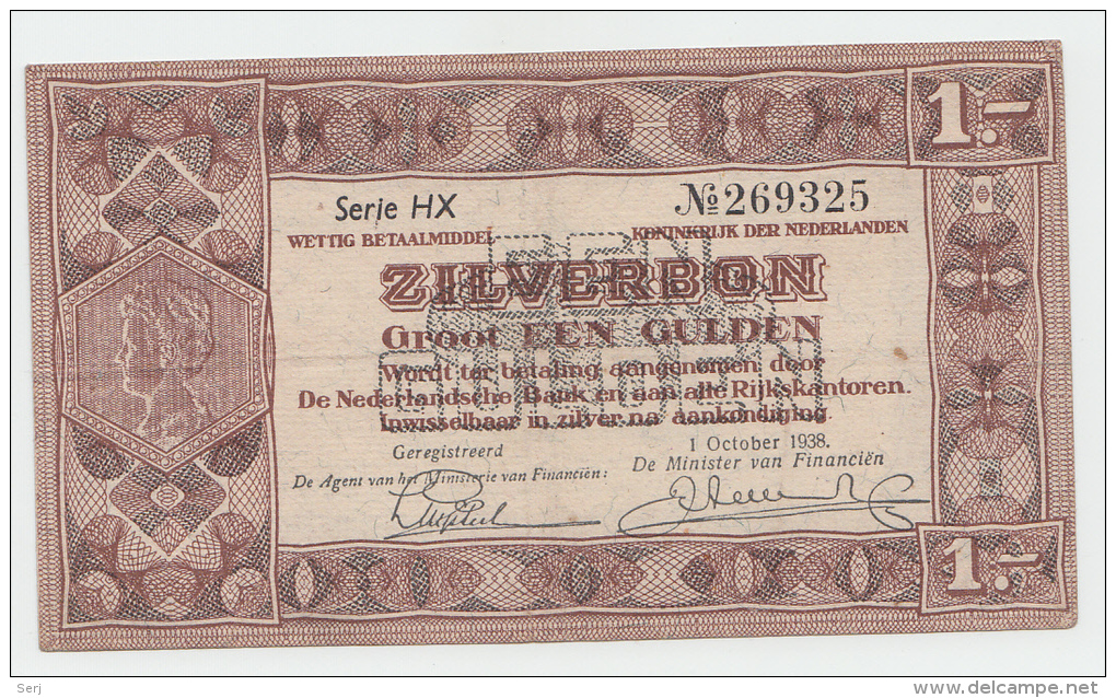 Netherlands 1 Gulden Zilverbon 1938 VF+ CRISP Banknote - 1 Gulden