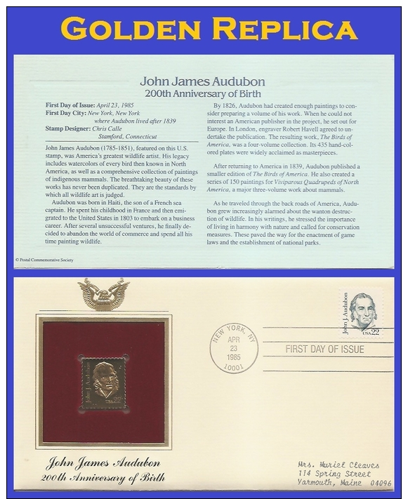 #1863 ADDR GOLDEN REPLICA FDC STR2  John J. Audubon - 1981-1990