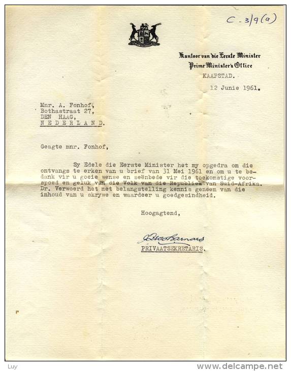SUID AFRICA -> NEDERLAND, Official Letter Of Kantoor Van Die Erste Minister, Prime Minister, Kaapstad, 1961 - Historical Documents
