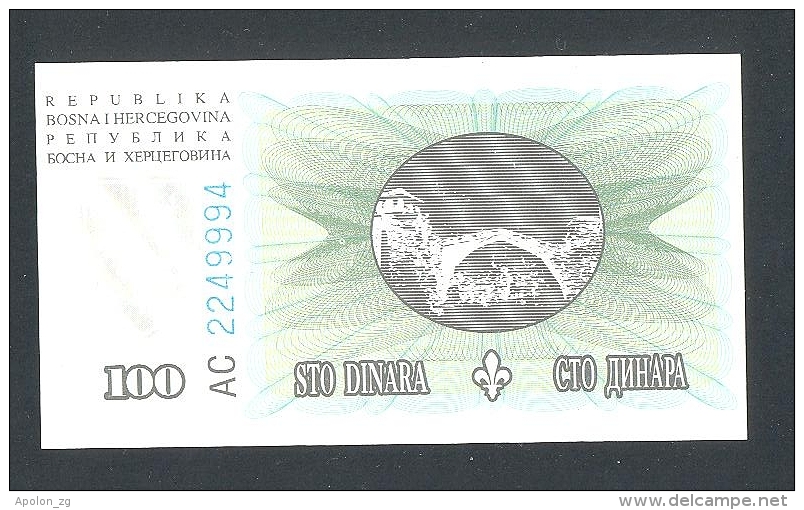 BOSNIA,  100 Dinara 15-8-1994 UNC  (P-44) , BANKNOTE THAT´S VERY RARE IN UNC ! - Bosnia And Herzegovina