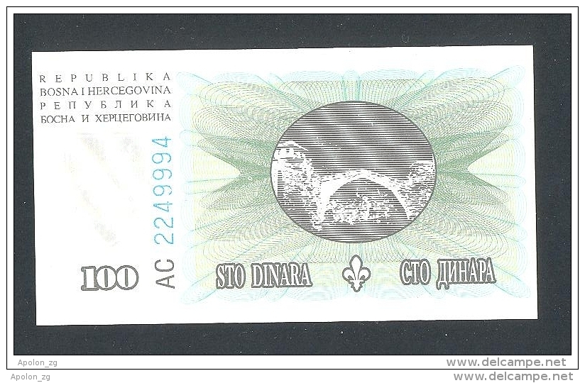 BOSNIA,  100 Dinara 15-8-1994 UNC  (P-44) , BANKNOTE THAT´S VERY RARE IN UNC ! - Bosnien-Herzegowina